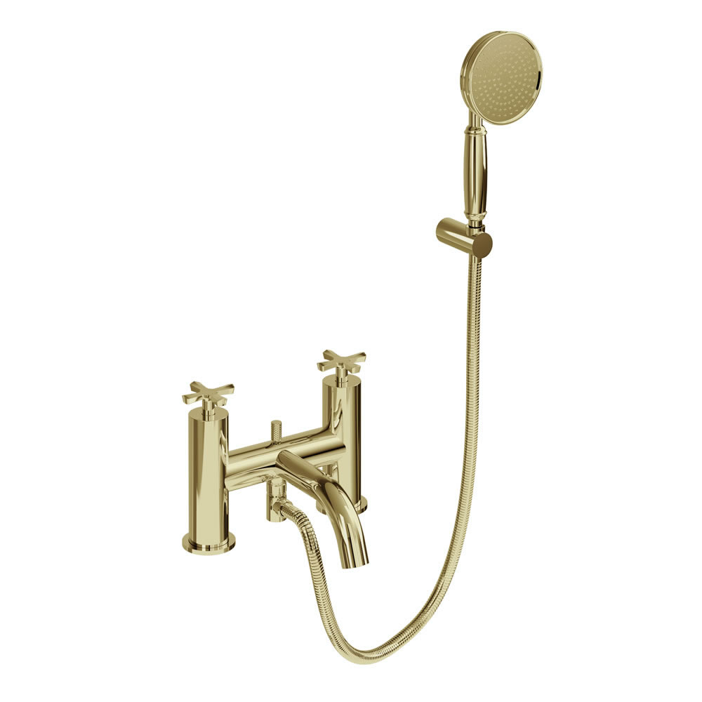 Riviera Bath Shower Mixer with Handset and Hose kit on Riviera Stand Pipes-Gold