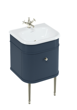  Chalfont 550 vanity unit with drawer Blue & small roll top basin with Nickel Legs