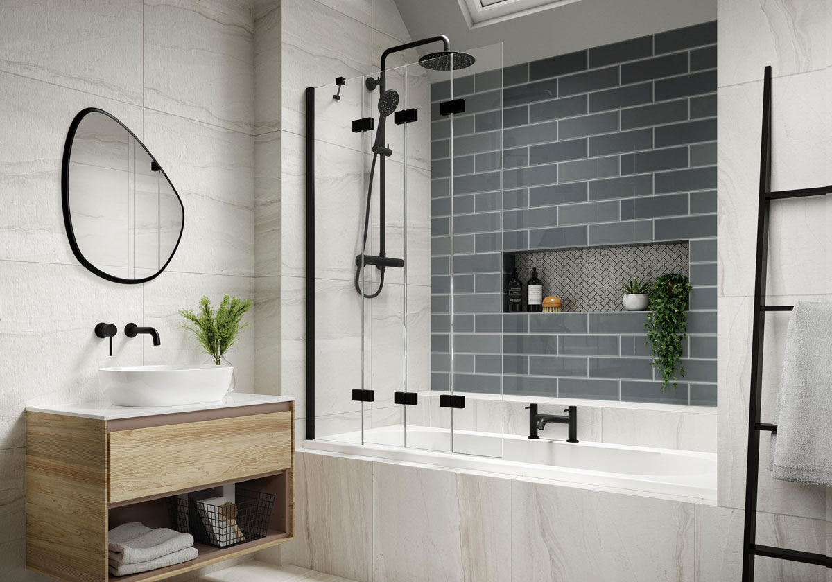 Four Panel In-Fold 6mm Bath Screen Matt Black (LH)