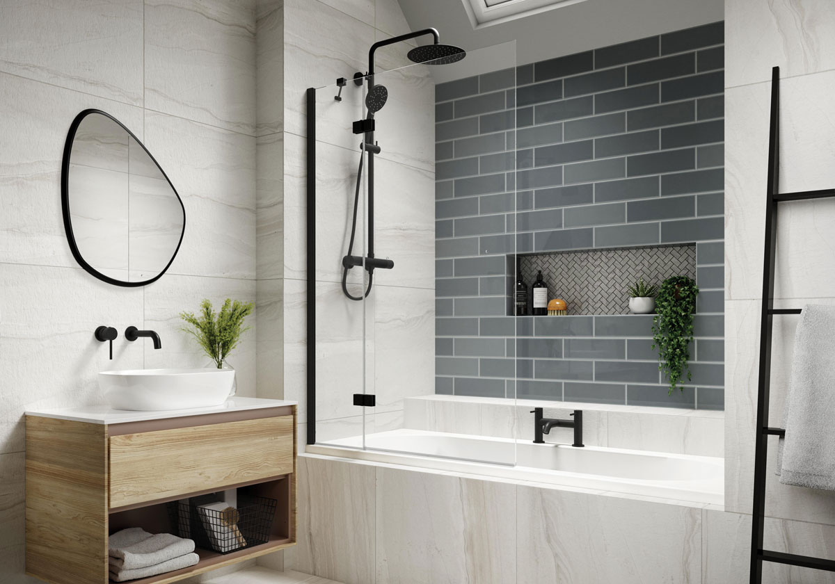 Two Panel Out-Swing 6mm including towel rail Bath Screen Matt Black(RH)