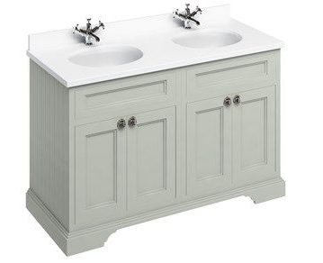 Freestanding 1300 vanity unit with doors Dark Olive & Minerva White double vanity bowl 