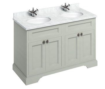 Freestanding 1300 vanity unit with doors Dark Olive & Minerva Carrara White double vanity bowl