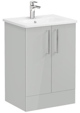 Root Flat Washbasin Unit & Basin 60cm, High Gloss Pearl Grey, with doors ,floor-standing