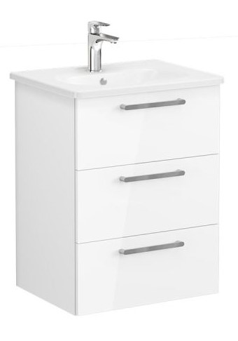 Root Flat Washbasin Unit & Basin 60cm, High Gloss White, with three drawers