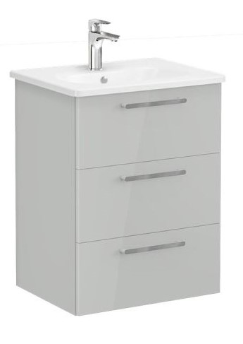 Root Flat Washbasin Unit & Basin 60cm, High Gloss Pearl Grey with three drawers