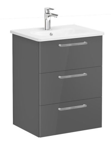 Root Flat Washbasin Unit 60cm, High Gloss Anthracite, with three drawers
