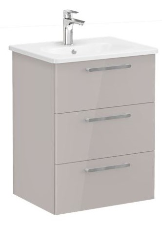 Root Flat Washbasin Unit & Basin 60cm, High Gloss Sahara Beige, with three drawers