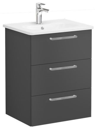 Root Flat Washbasin Unit & Basin 60cm, Matt Storm Grey, with three drawers