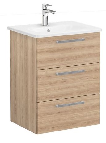 Root Flat Washbasin Unit 60cm, Natural Oak, with three drawers