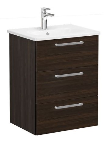Root Flat Washbasin Unit & Basin 60cm, Walnut, with three drawers