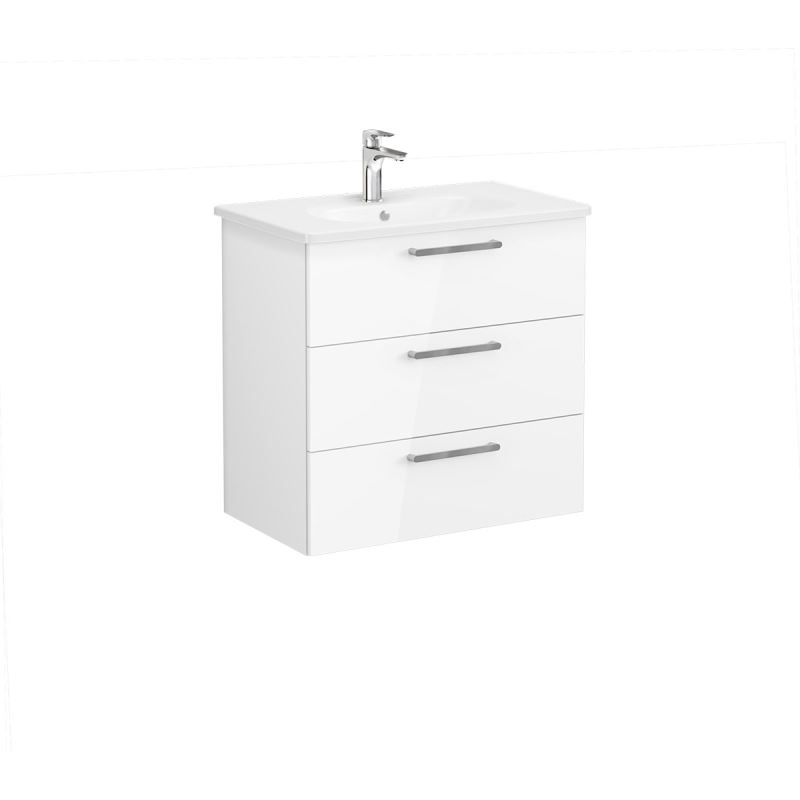 Root Flat Washbasin Unit 80cm, High Gloss White, with three drawers