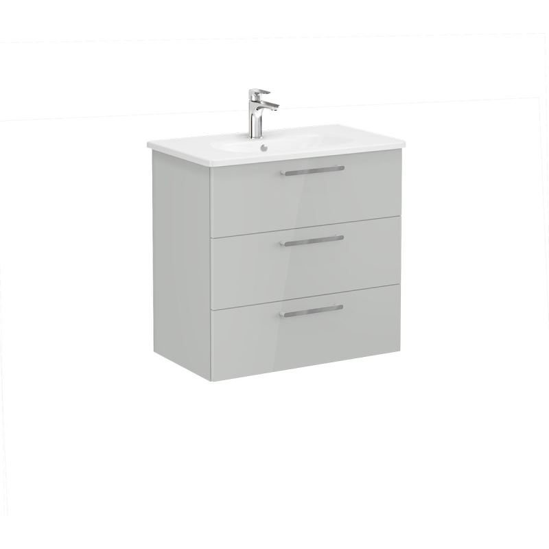 Root Flat Washbasin Unit 80cm, High Gloss Pearl Grey, with three drawers