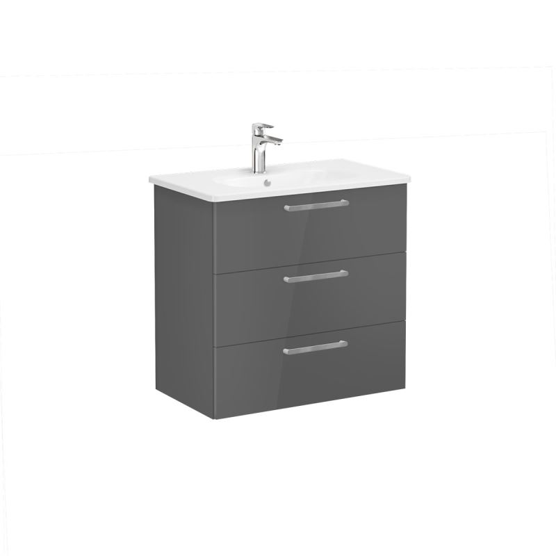 Root Flat Washbasin Unit 80cm,High Gloss Anthracite, with three drawers