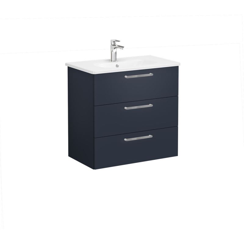 Root Flat Washbasin Unit 80cm, Matt Dark Blue, with three drawers