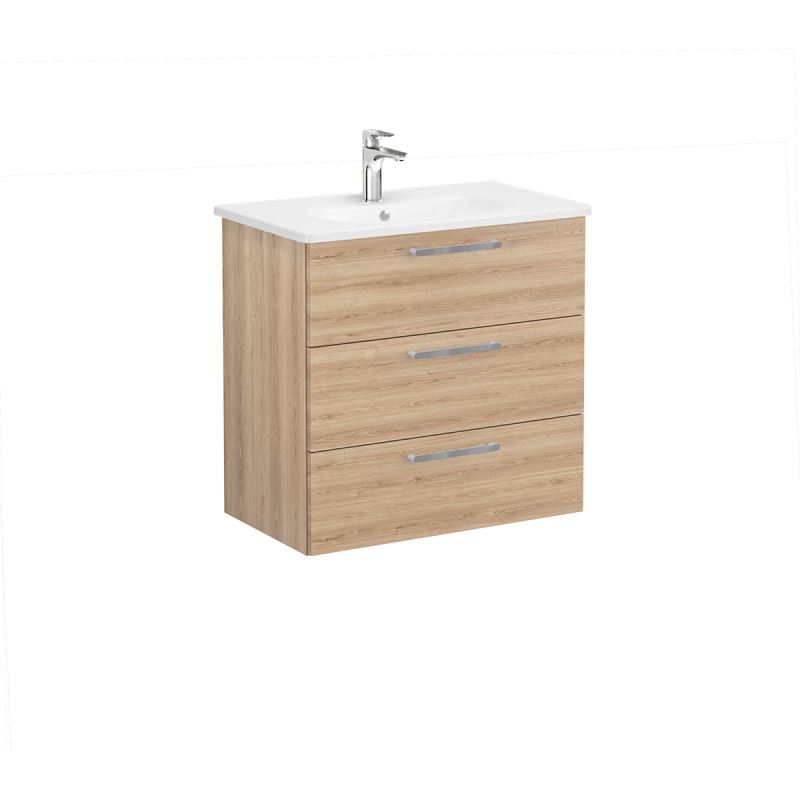 Root Flat Washbasin Unit 80cm, Natural Oak, with three drawers