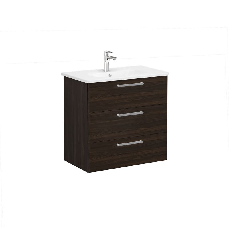 Root Flat Washbasin Unit 80cm, Walnut, with three drawers
