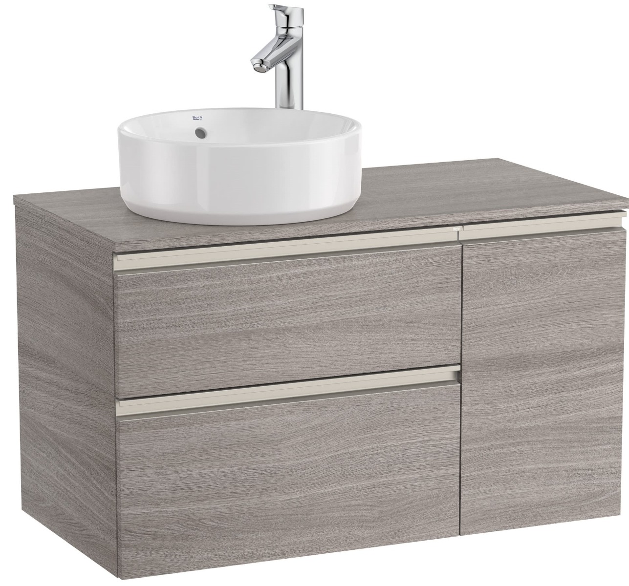 Left hand base unit with two drawers and one door for On Countertop basin