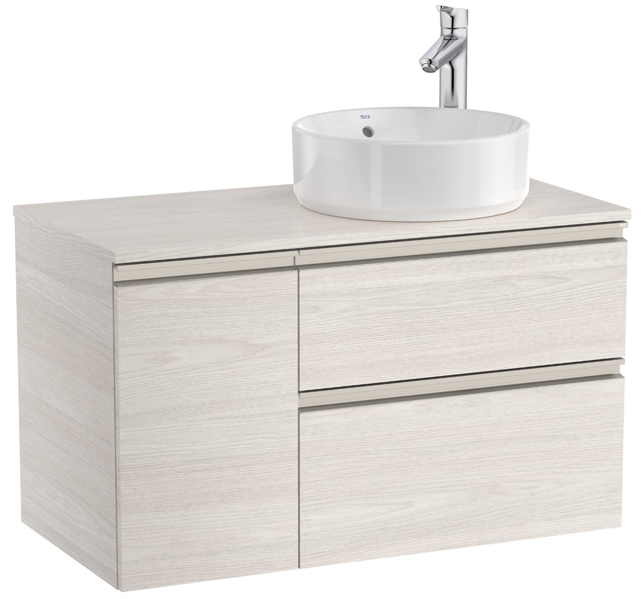 Right hand base unit with two drawers and one door On countertop basin
