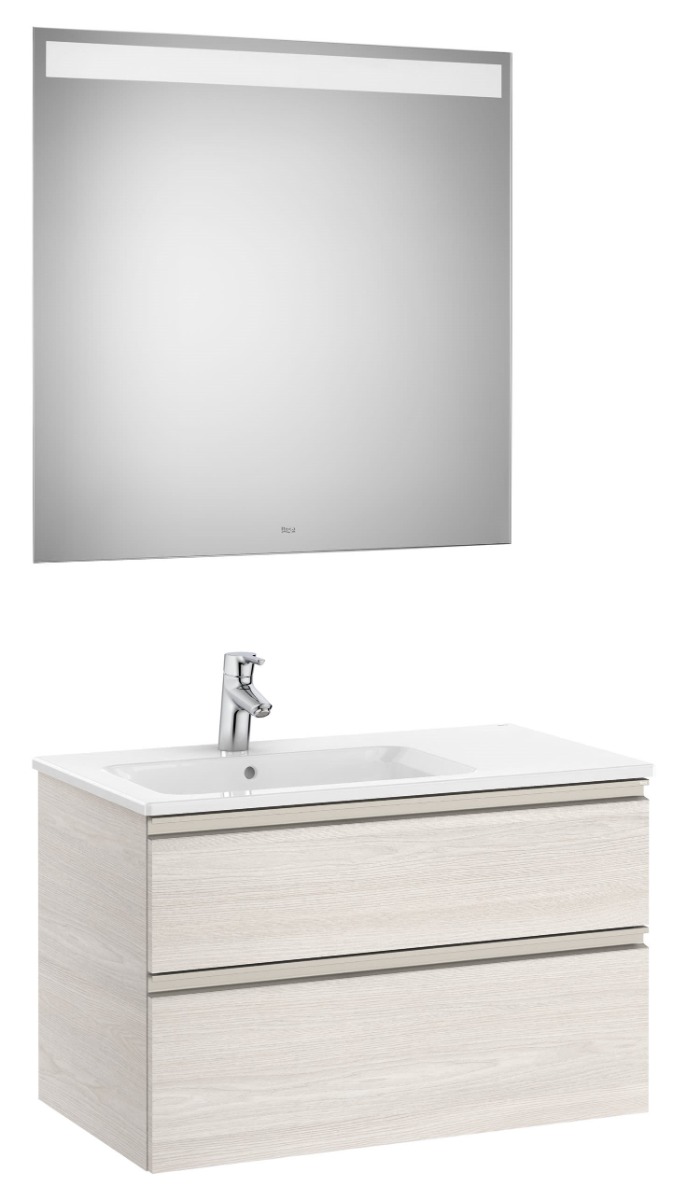 Roca - Pack (base unit with two drawers, left hand basin and LED mirror)-NORDIC ASH
