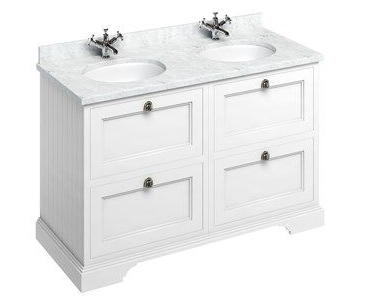 Freestanding 1300 vanity unit with drawers Matt White & Minerva Carrara White double vanity bowl