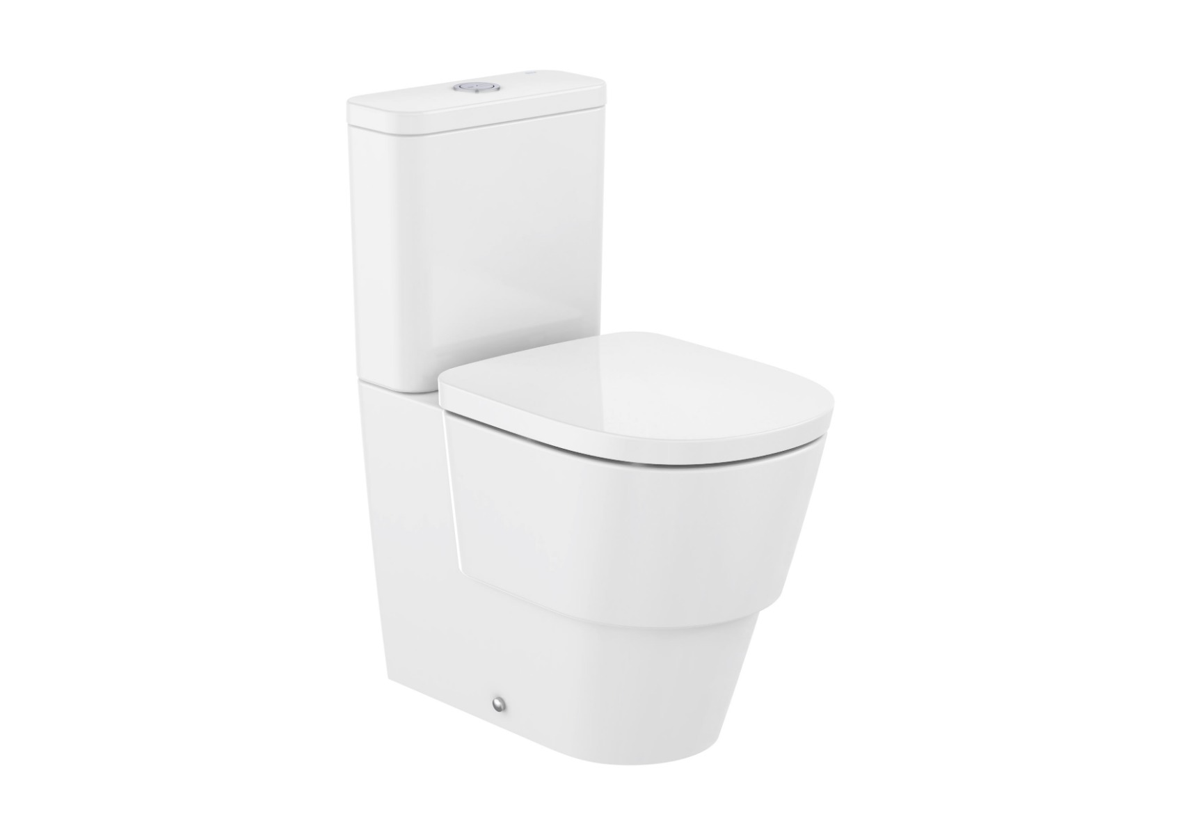 Close-coupled rimless toilet moulded back to wall in vitreous china with dual outlet