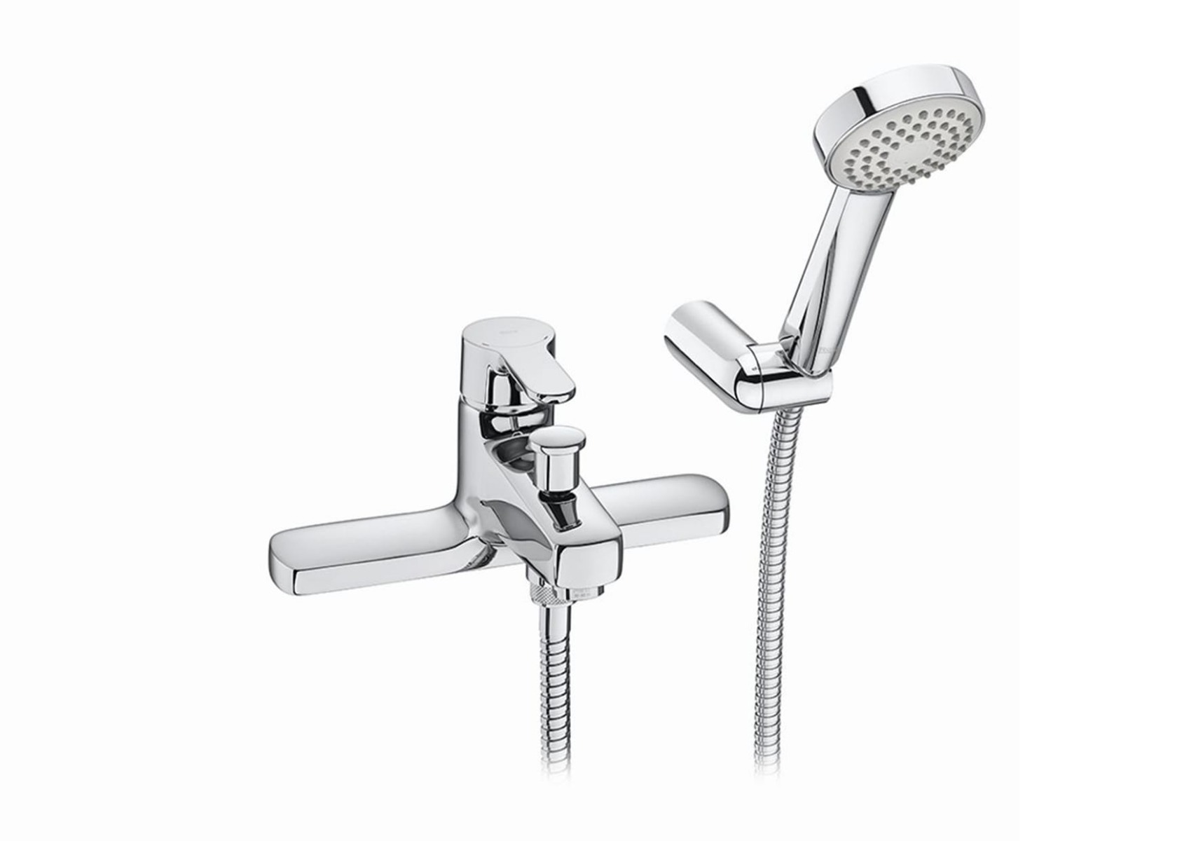 Deck-mounted bath-shower mixer with 1.7m flexible shower hose, handset and wall bracket