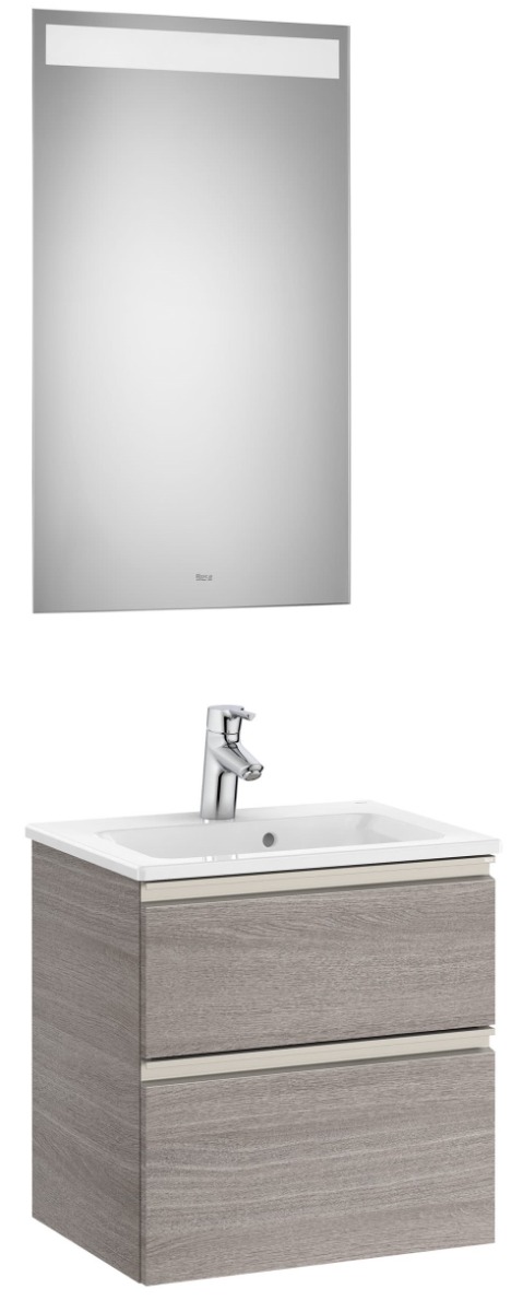 Pack (compact base unit with two drawers, basin and LED mirror) - City oak