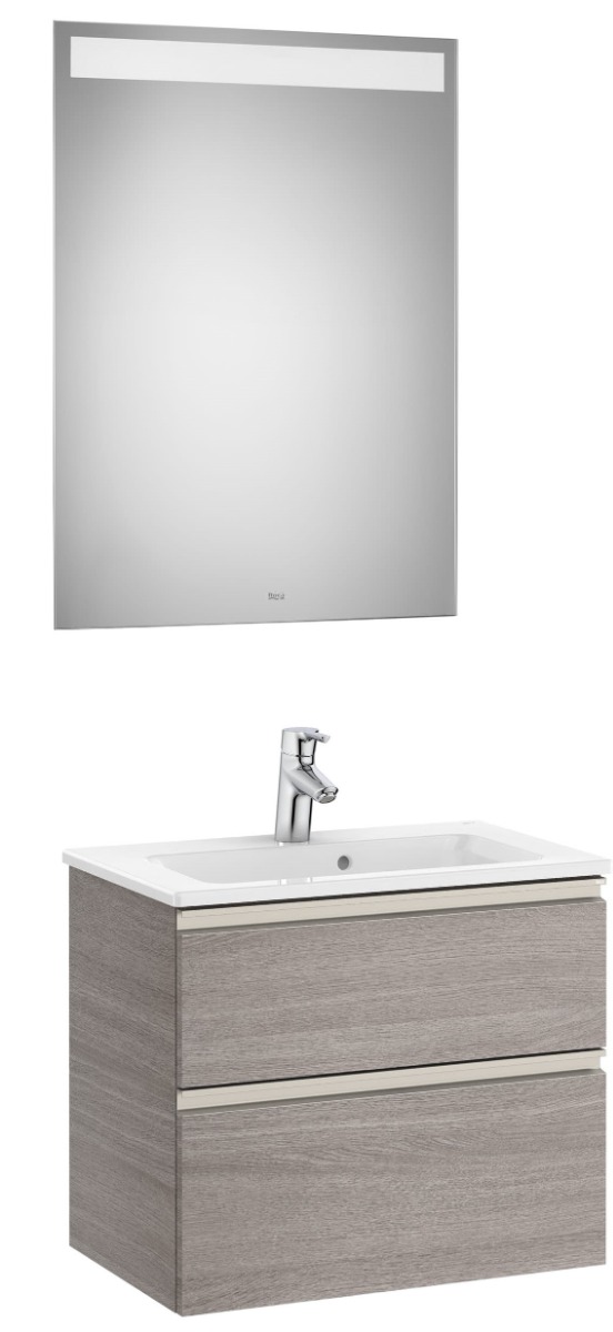 Pack (compact base unit with two drawers, basin and LED mirror) - City oak
