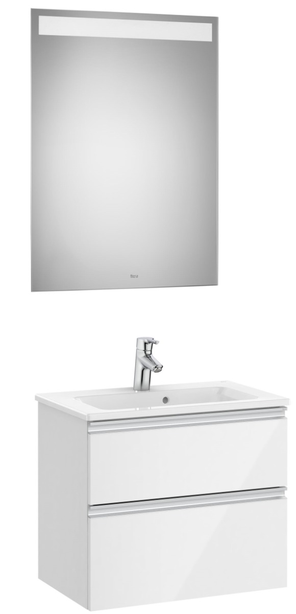 Pack (compact base unit with two drawers, basin and LED mirror) - Glossy White