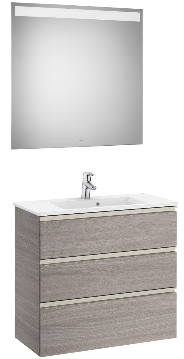 Pack (compact base unit with three drawers, basin and LED mirror) - City oak
