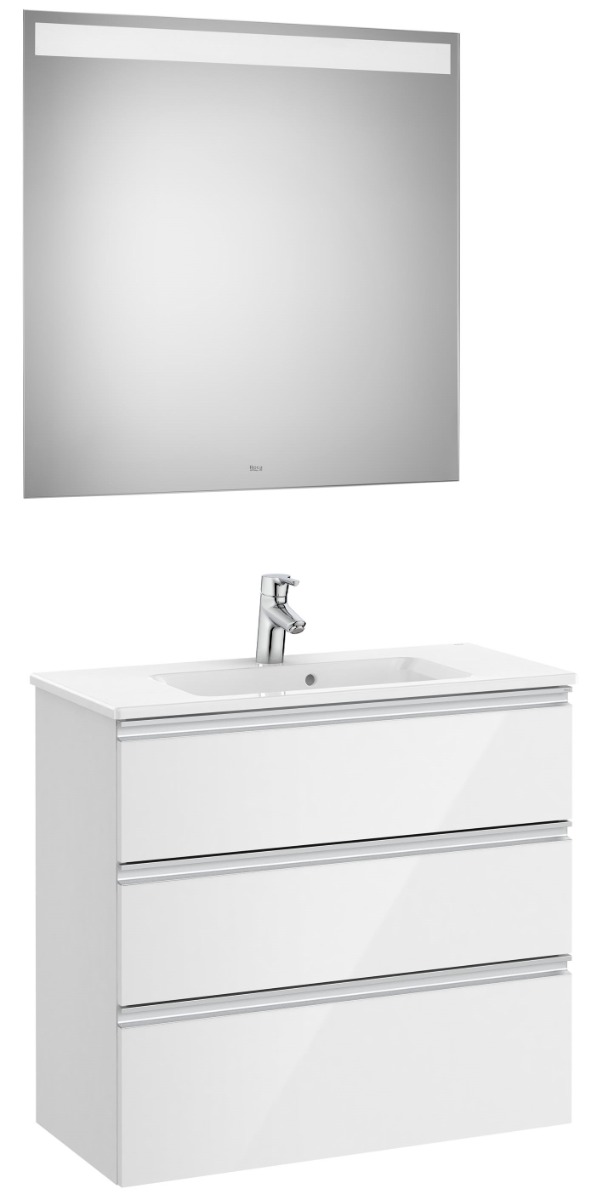 Pack (compact base unit with three drawers, basin and LED mirror) - Glossy White