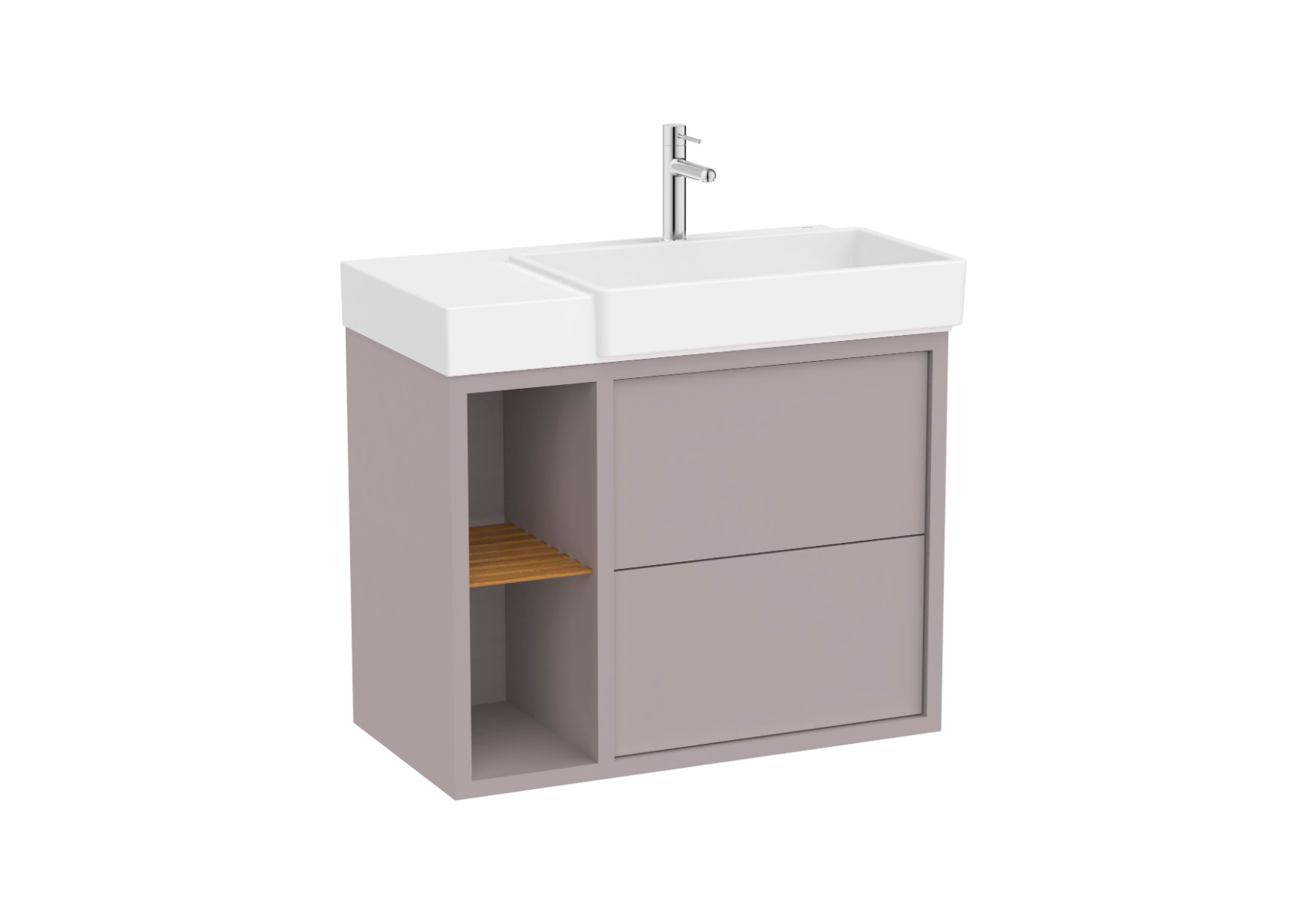 Tura 800mm (Asymmetric vanity unit with two drawers, side shelves and basin on the right) - Light Noble Grey