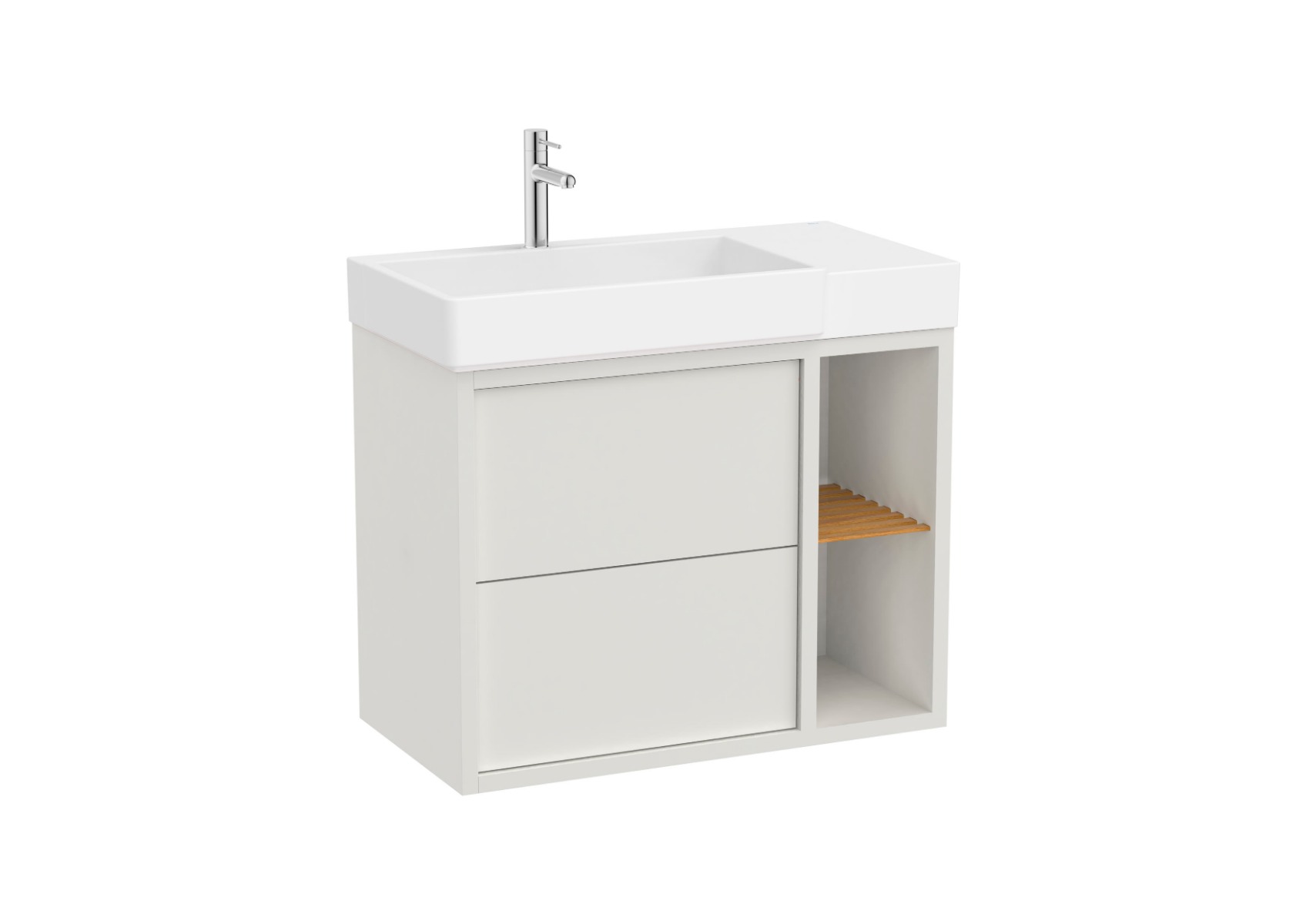 Tura 800 x 430mm (Asymmetric vanity unit with two drawers, side shelves and basin on the left) - White