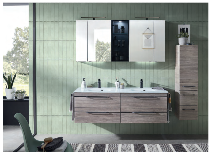 Balto Double Vanity Unit 1460mm, Mirror Cabinet & Side Cabinet - Sanremo oak