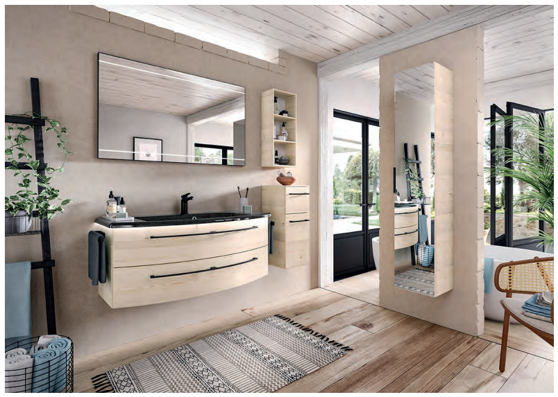 Series 7005 Vanity Unit 1236mm with Black Basin, Side units & Mirror - Polar Pine
