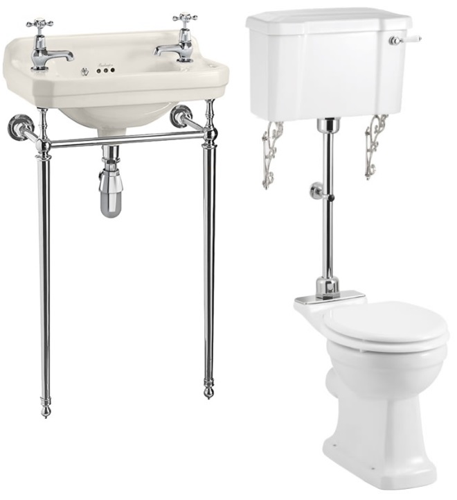 Basin with Gold Washstand & Closed Couple Toilet with Cistern