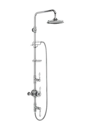Stour Thermostatic Exposed Shower Valve Two Outlet, Rigid Riser, Fixed Shower Arm, Handset & Holder with Hose & Soap Basket with Rose - White Ceramic 12 inch