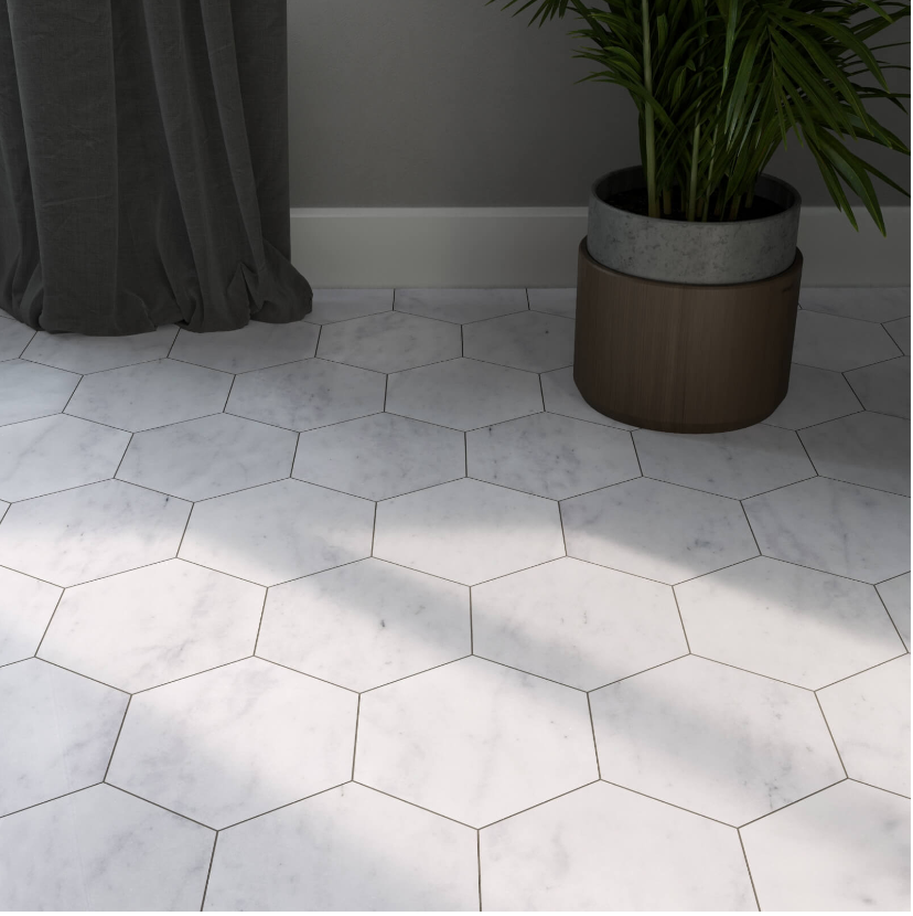 Carrara White Hexagon Honed One Side 150 mm- Price per m2