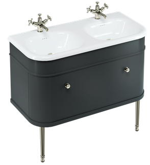 Chalfont 1000 vanity unit with drawer Matt Black & double roll top basin with Nickel Legs