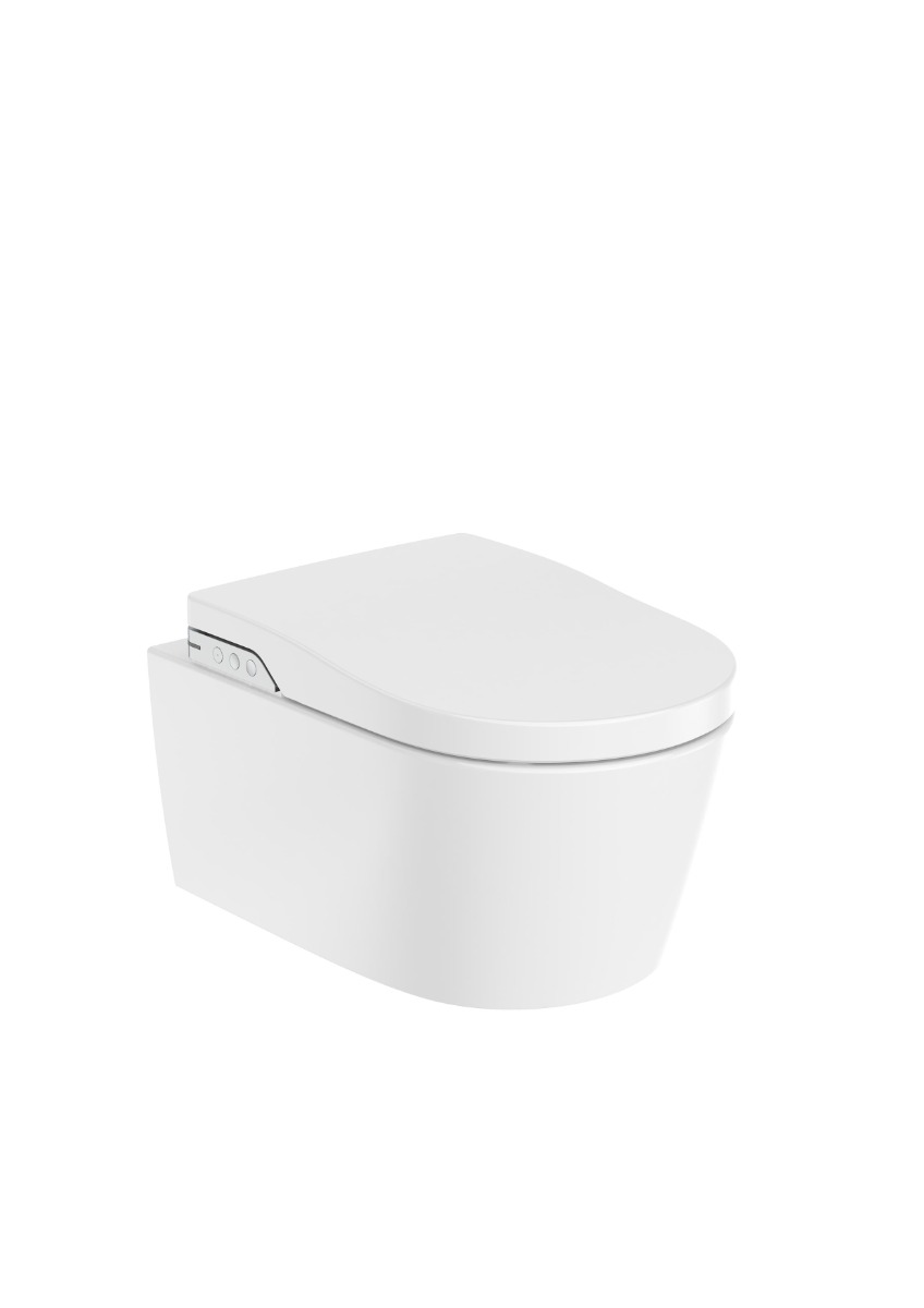 Rimless wall-hung smart toilet with integrated tank. Includes cover and seat. 
