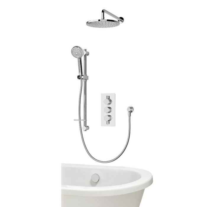 Concealed Thermostatic Mixer Triple outlet with adjustable kit, wall fixed head and bath fill - Round