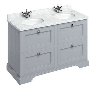 Freestanding 1300 vanity unit with drawers Classic Grey& Minerva Carrara White double vanity bowl
