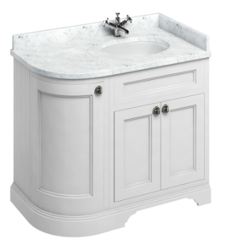 Freestanding 980 curved right handed vanity unit with doors Matt White & Minerva® Carrara White vanity bowl