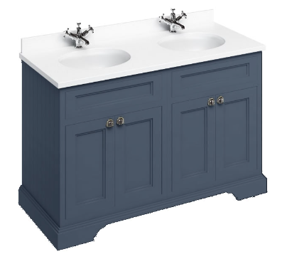 Freestanding 1300 vanity unit with doors Blue & Minerva White double vanity bowl