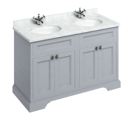 Freestanding 1300 vanity unit with doors Classic Grey & Minerva Carrara White double vanity bowl