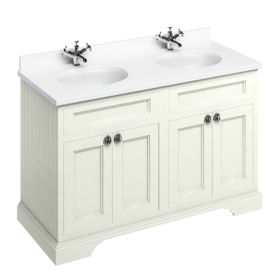 Freestanding 1300 vanity unit with doors Sand & Minerva White double vanity bowl