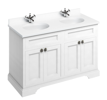 Freestanding 1300 vanity unit with doors Matt White & Minerva White double vanity bowl