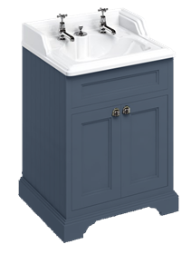 Freestanding 650 vanity unit with doors & classic 650 basin for integrated waste & overflow 2 Tap Holes Blue