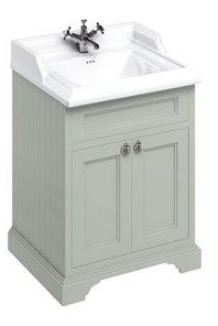 Freestanding 65 Vanity Unit with Doors & Classic Invisible Overflow Basin 2 Tap Holes Dark olive