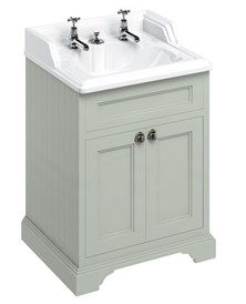 Freestanding 650 vanity unit with doors & classic 650 basin for integrated waste & overflow 2 Tap Holes Dark Olive